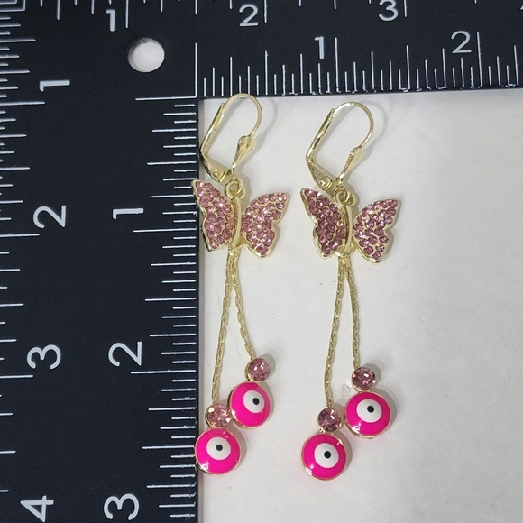 Gold Filled Hot Pink Evil Eye and Butterfly Dangle Earrings - Picture 7 of 7